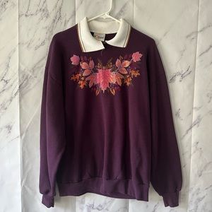VINTAGE 90s COLLARED SWEATSHIRT FALL LEAF DESIGN PURPLE LARGE MADE IN USA